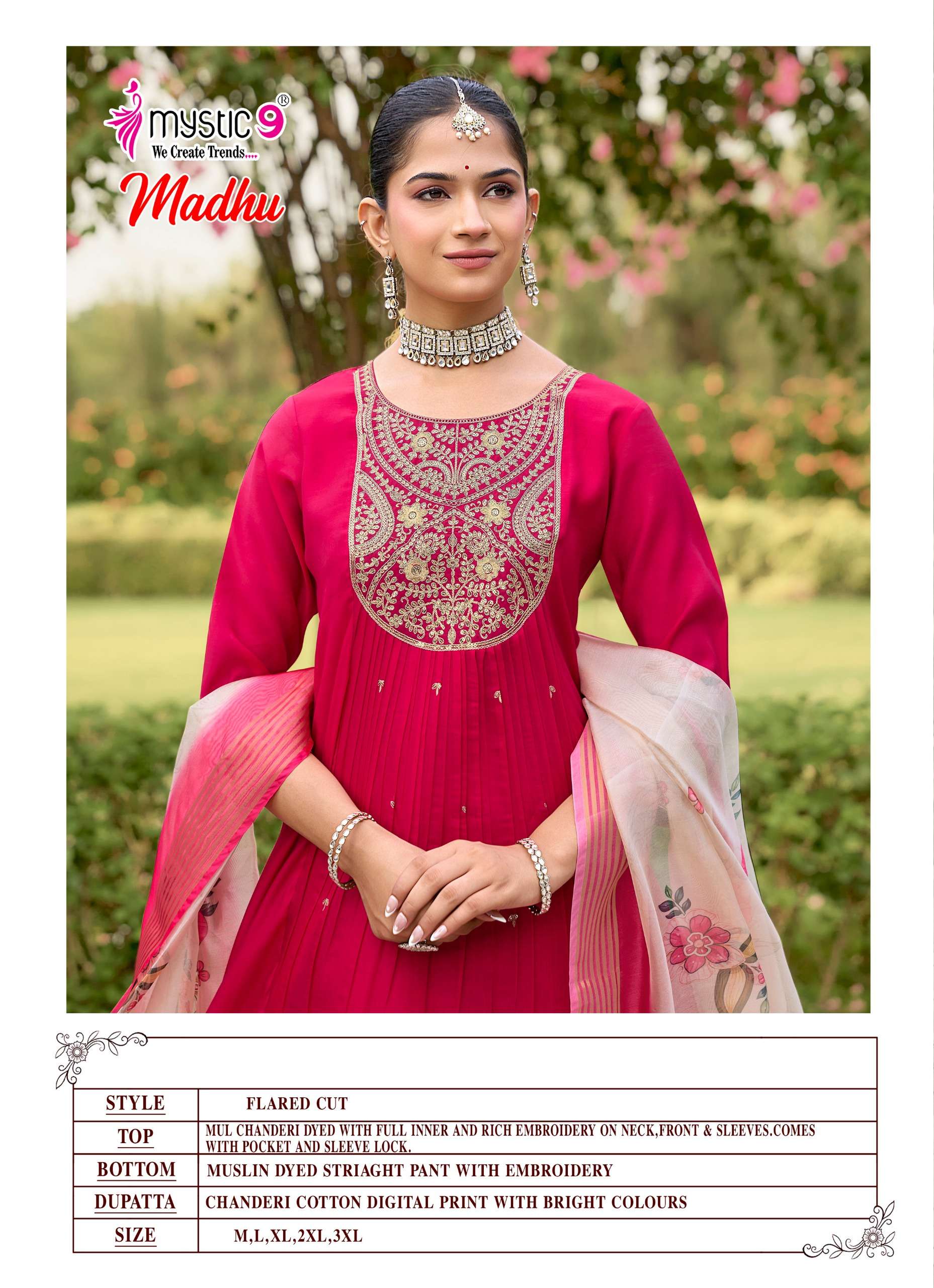 MYSTIC 9 MADHU VOL 1 CHANDERI DYED FLARED CUT CATALOGUE RUND KURTI PANT SUIT TEENAGE BUY